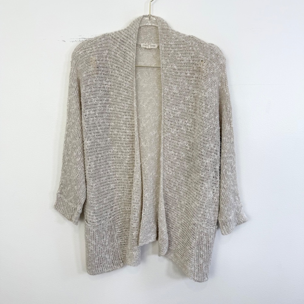 Eileen Fisher Petite Linen Blend Open Knit Cardigan Oatmeal Size PL